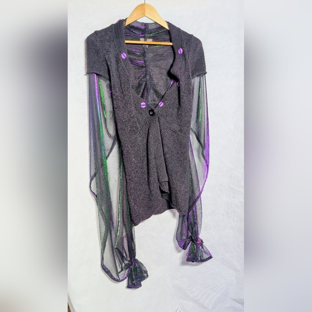 White Stag Sz M Elegant Sheer Harem Sleeve Sweater - Black Green and Purple